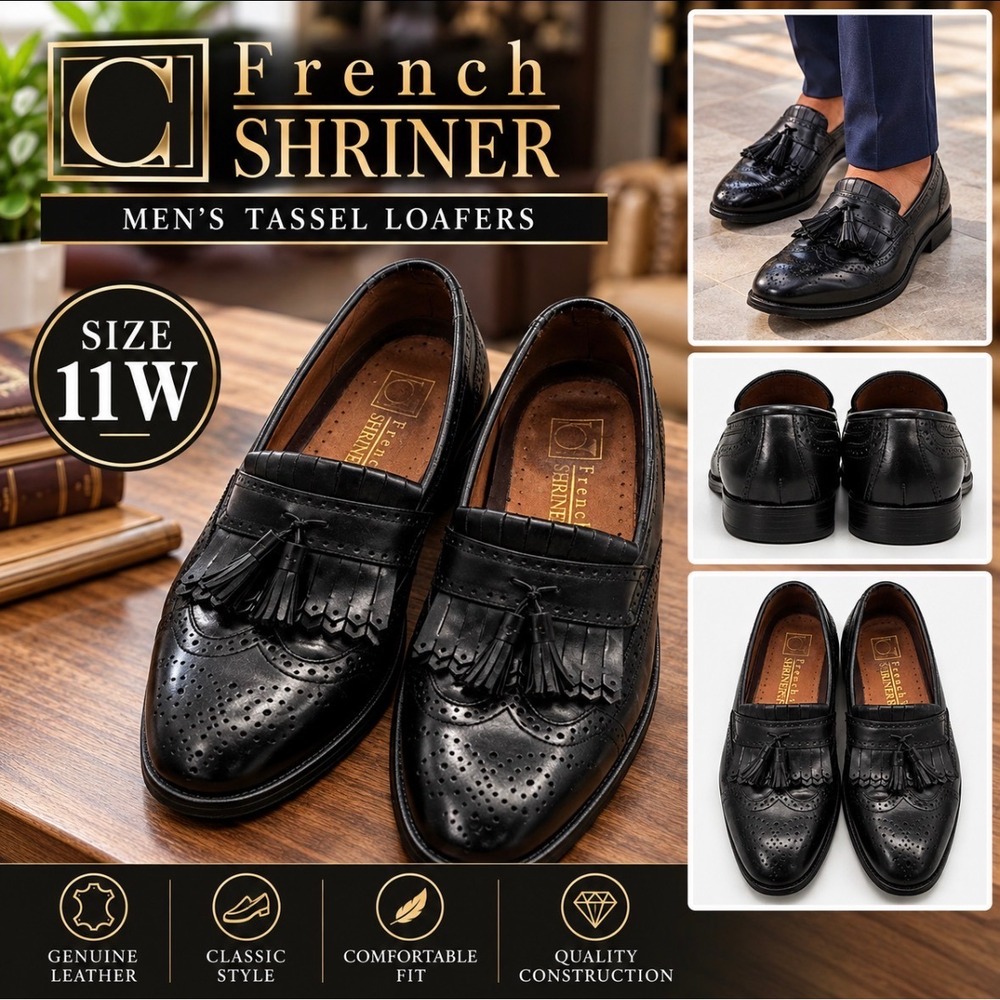 French Shriner Milton Mens 11W Black Leather Kiltie Tassel Wingtip Loafers